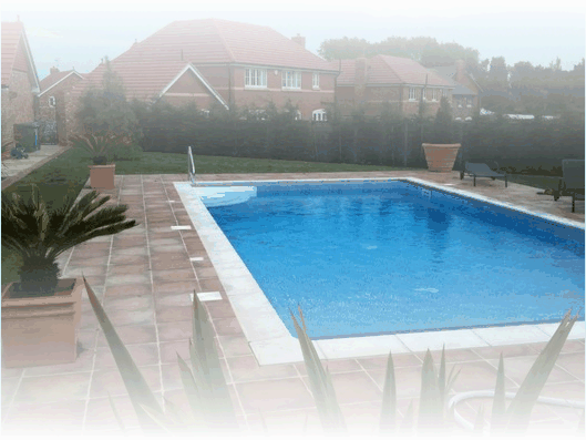 pool with glass building